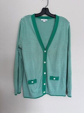 DressBarn Button Up V-Neck Lightweight Cardigan Women’s Sweater XL Green Striped